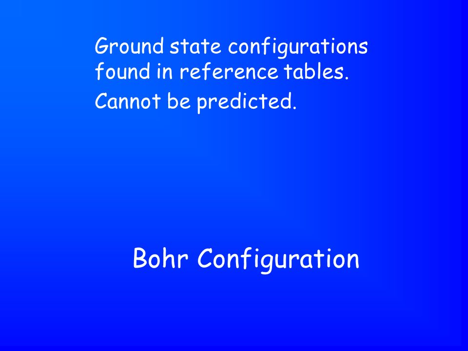 Bohr Configuration Ground state configurations found in reference tables. Cannot be predicted.