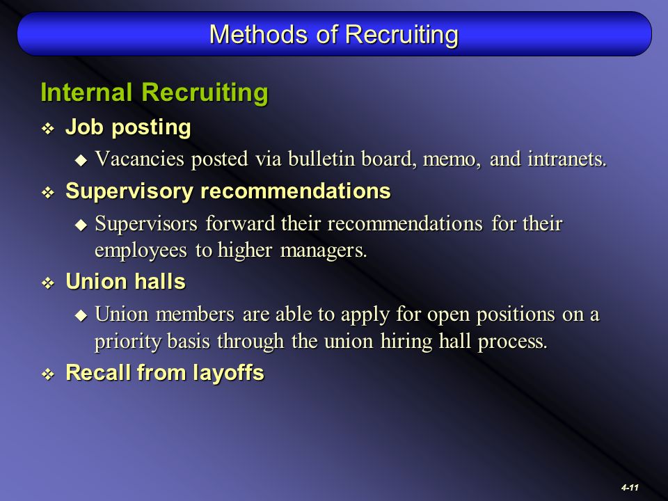 4-11 Methods of Recruiting Internal Recruiting  Job posting  Vacancies posted via bulletin board, memo, and intranets.
