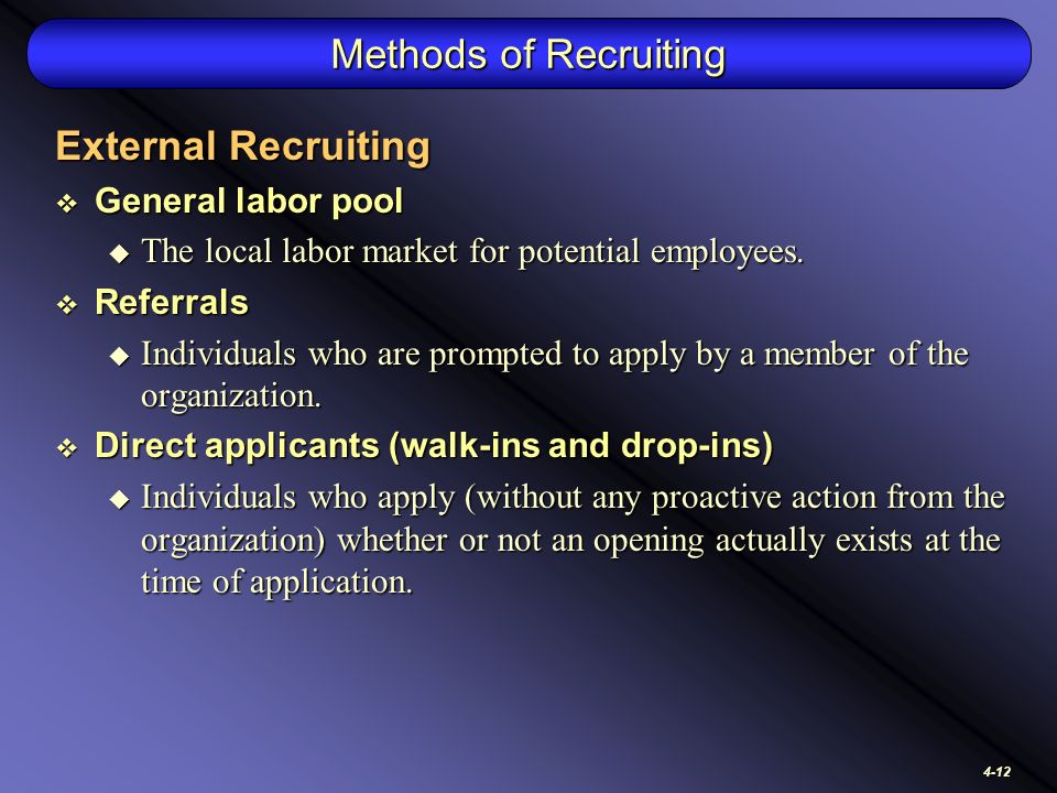 4-12 Methods of Recruiting External Recruiting  General labor pool  The local labor market for potential employees.