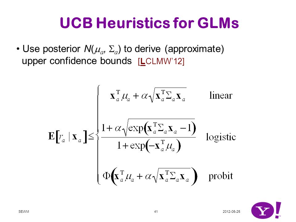 SEWM41 UCB Heuristics for GLMs Use posterior N(  a,  a ) to derive (approximate) upper confidence bounds [LCLMW’12]