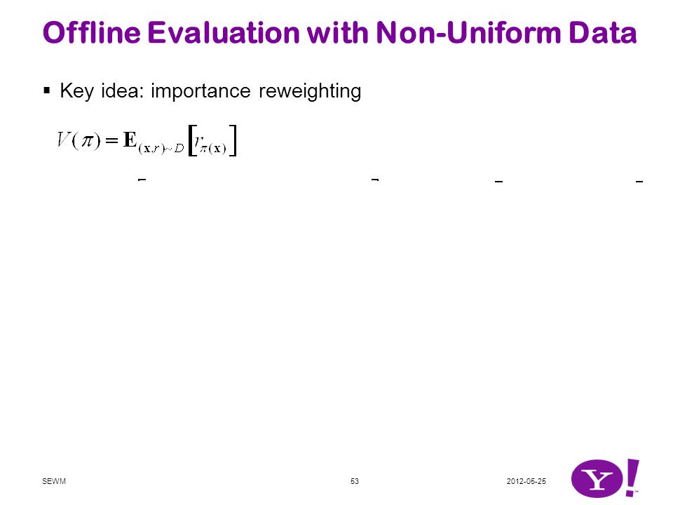 Offline Evaluation with Non-Uniform Data SEWM53  Key idea: importance reweighting  Can use weighted empirical average with estimated p(a |x)  controls bias/variance trade-off [SLLK 2011]