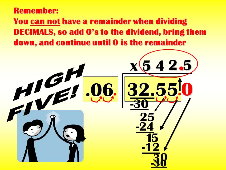 Remember: You can not have a remainder when dividing DECIMALS, so add 0’s to the dividend, bring them down, and continue until 0 is the remainder
