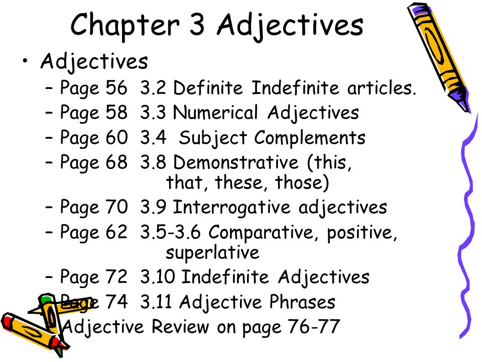 Chapter 3 Adjectives Adjectives –Page Definite Indefinite articles.