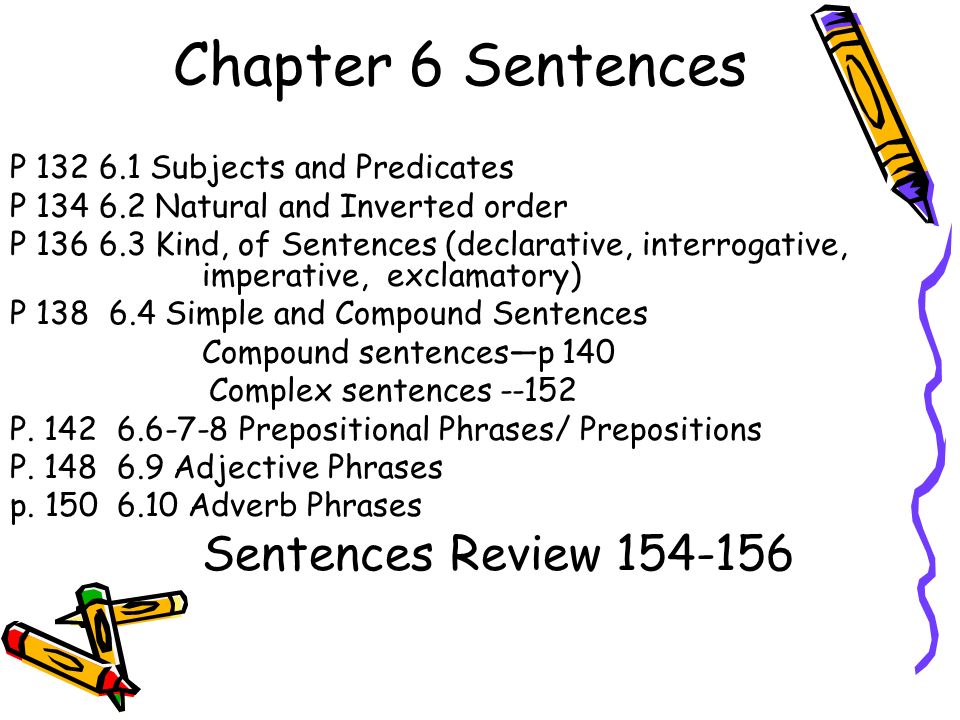 Chapter 6 Sentences P Subjects and Predicates P Natural and Inverted order P Kind, of Sentences (declarative, interrogative, imperative, exclamatory) P Simple and Compound Sentences Compound sentences—p 140 Complex sentences P.
