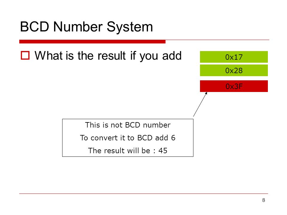 8 BCD Number System  What is the result if you add 0x17 0x28 0x3F This is not BCD number To convert it to BCD add 6 The result will be : 45