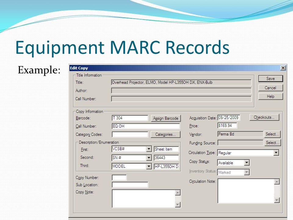 Equipment MARC Records Example: