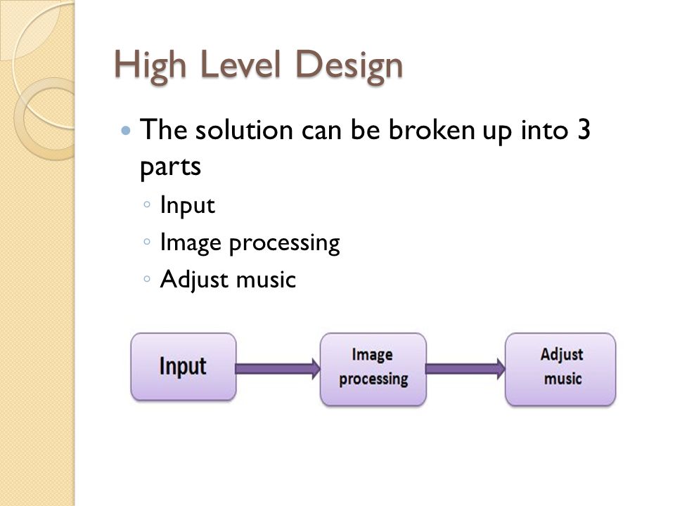 High Level Design The solution can be broken up into 3 parts ◦ Input ◦ Image processing ◦ Adjust music