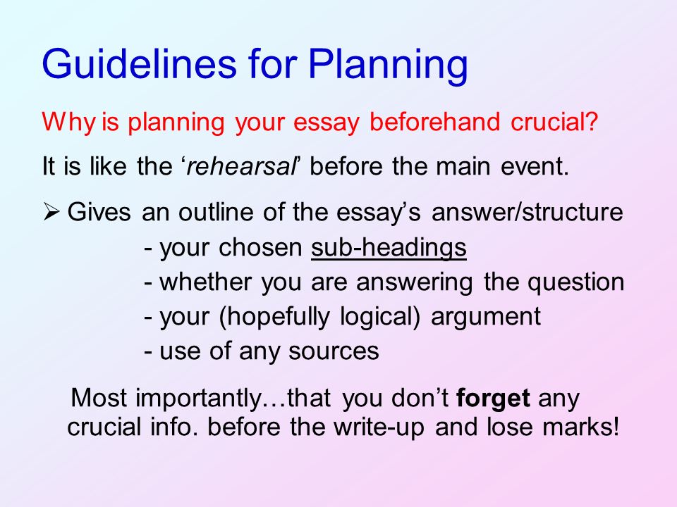 Examples Of English Essays Guidelines For Planning Why Is Planning Your Essay Beforehand Crucial Into The Wild Essay Thesis also Critical Analysis Essay Example Paper Planning Essays And Projects Duncan Bunce Presentation By Duncan Healthy Mind In A Healthy Body Essay
