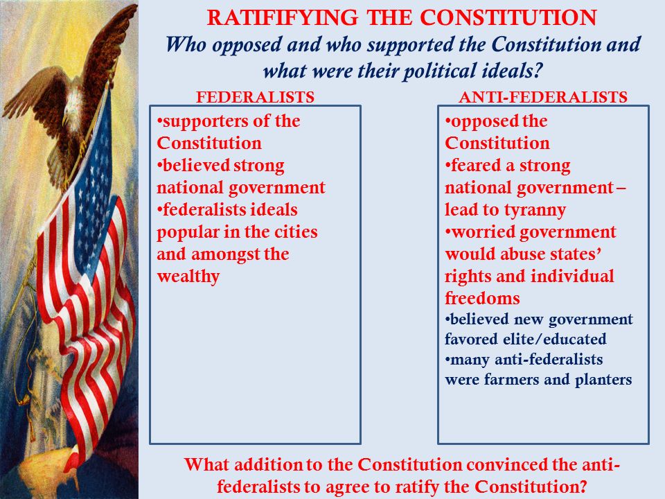 RATIFIFYING THE CONSTITUTION Who opposed and who supported the Constitution and what were their political ideals.