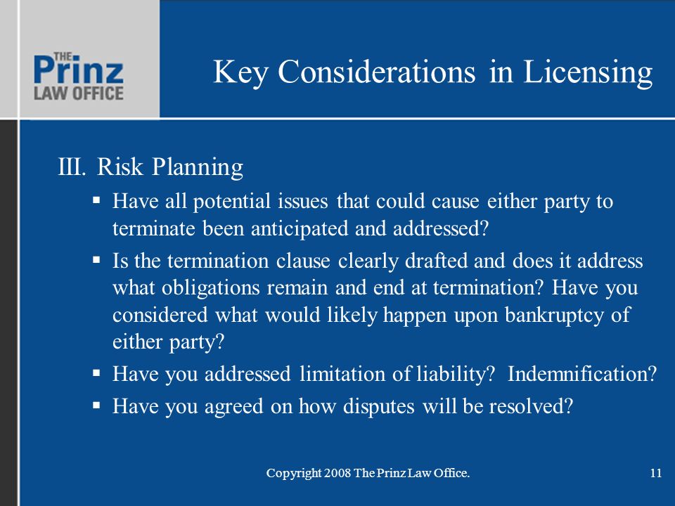 Copyright 2008 The Prinz Law Office.11 Key Considerations in Licensing III.