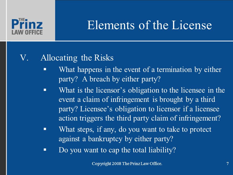 Copyright 2008 The Prinz Law Office.7 Elements of the License V.Allocating the Risks  What happens in the event of a termination by either party.