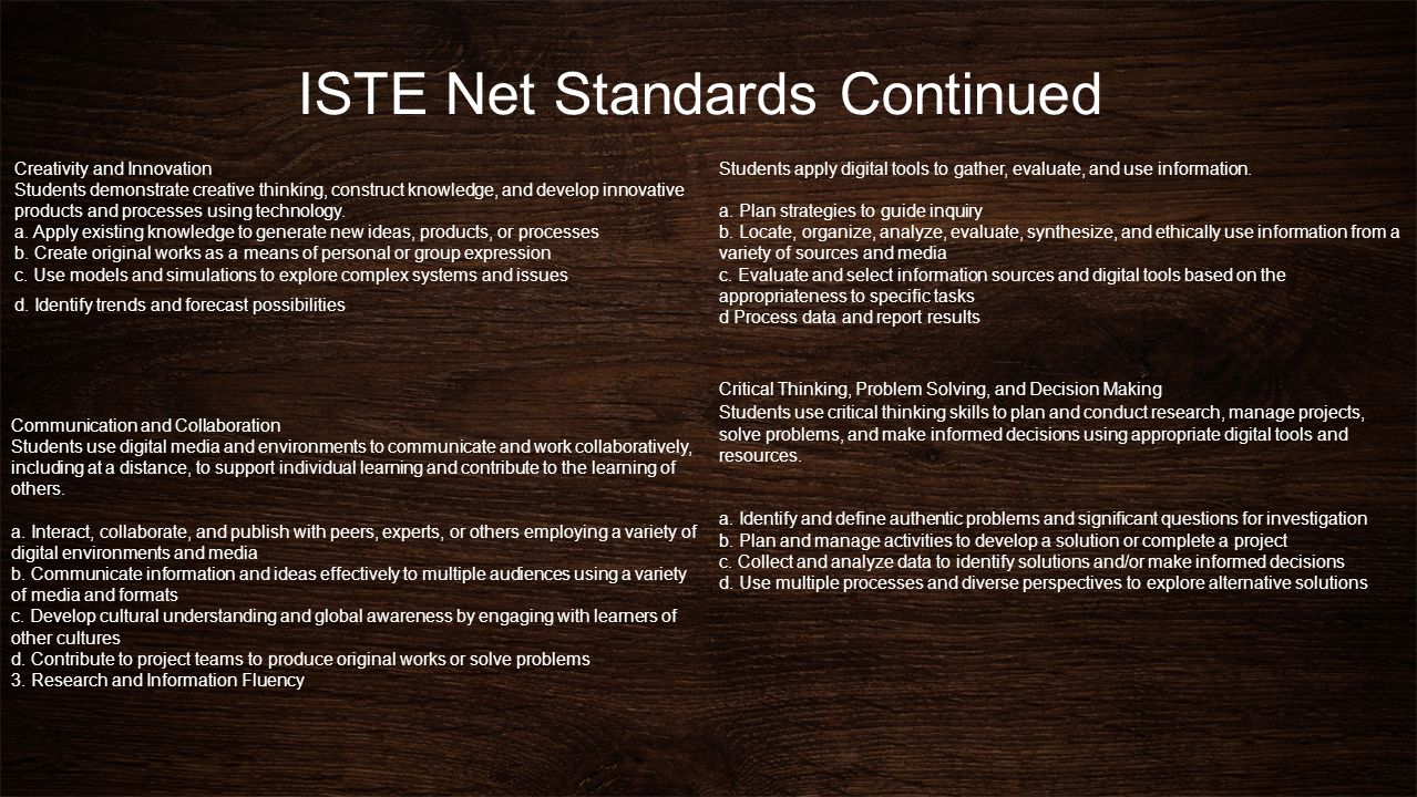 ISTE Net Standards Continued Creativity and Innovation Students demonstrate creative thinking, construct knowledge, and develop innovative products and processes using technology.