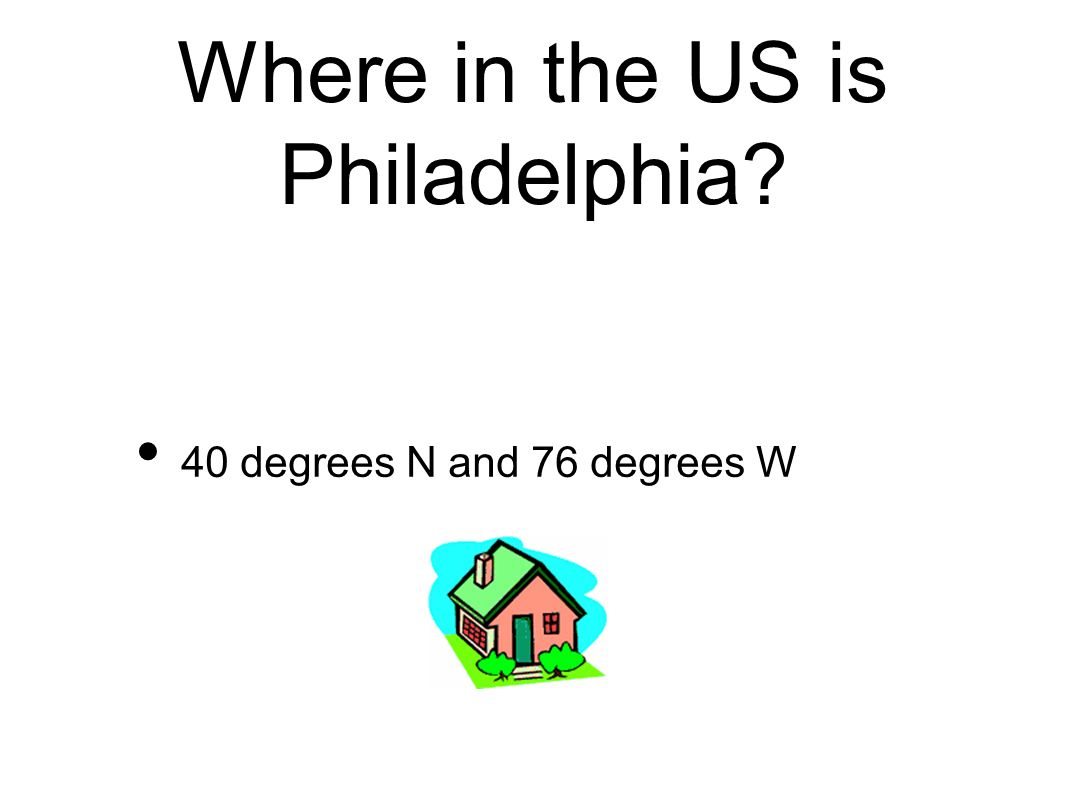 Where in the US is Philadelphia 40 degrees N and 76 degrees W
