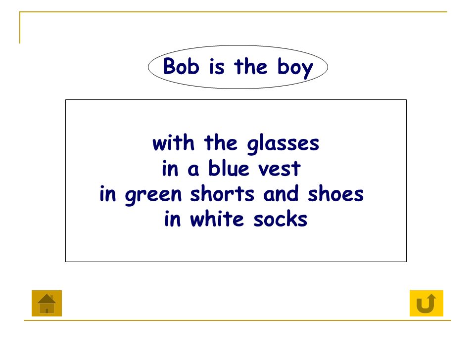 Bob is the boy with the glasses in a blue vest in green shorts and shoes in white socks