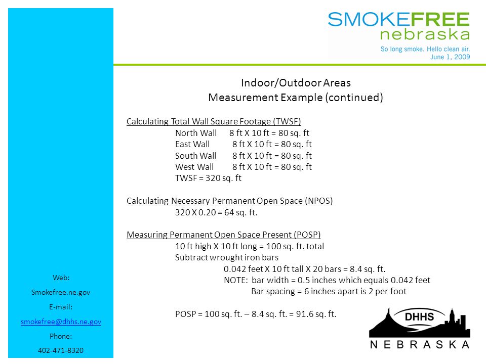 Web: Smokefree.ne.gov   Phone: Indoor/Outdoor Areas Measurement Example (continued) Calculating Total Wall Square Footage (TWSF) North Wall 8 ft X 10 ft = 80 sq.