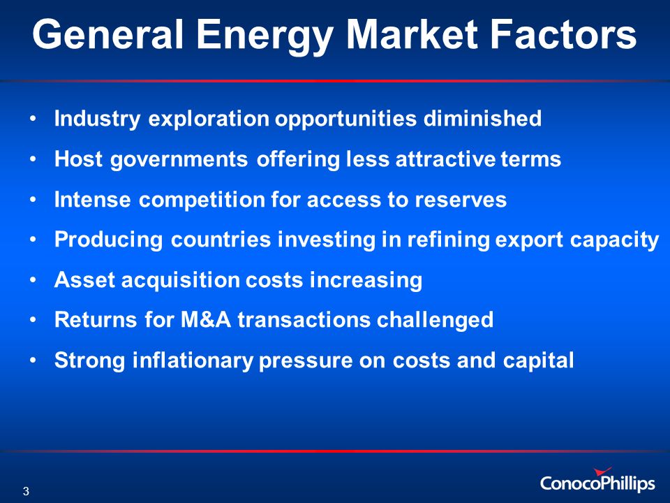 3 General Energy Market Factors Industry exploration opportunities diminished Host governments offering less attractive terms Intense competition for access to reserves Producing countries investing in refining export capacity Asset acquisition costs increasing Returns for M&A transactions challenged Strong inflationary pressure on costs and capital