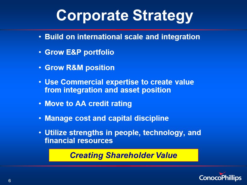 6 Corporate Strategy Build on international scale and integration Grow E&P portfolio Grow R&M position Use Commercial expertise to create value from integration and asset position Move to AA credit rating Manage cost and capital discipline Utilize strengths in people, technology, and financial resources Creating Shareholder Value