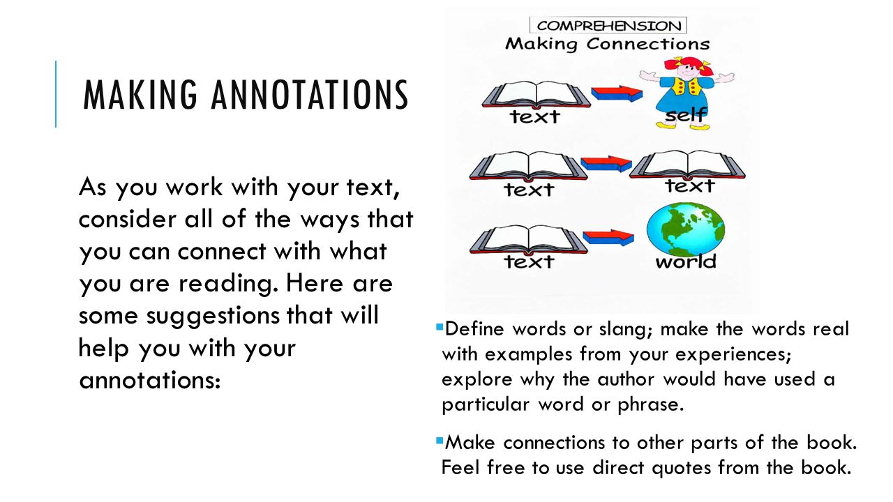 MAKING ANNOTATIONS As you work with your text, consider all of the ways that you can connect with what you are reading.