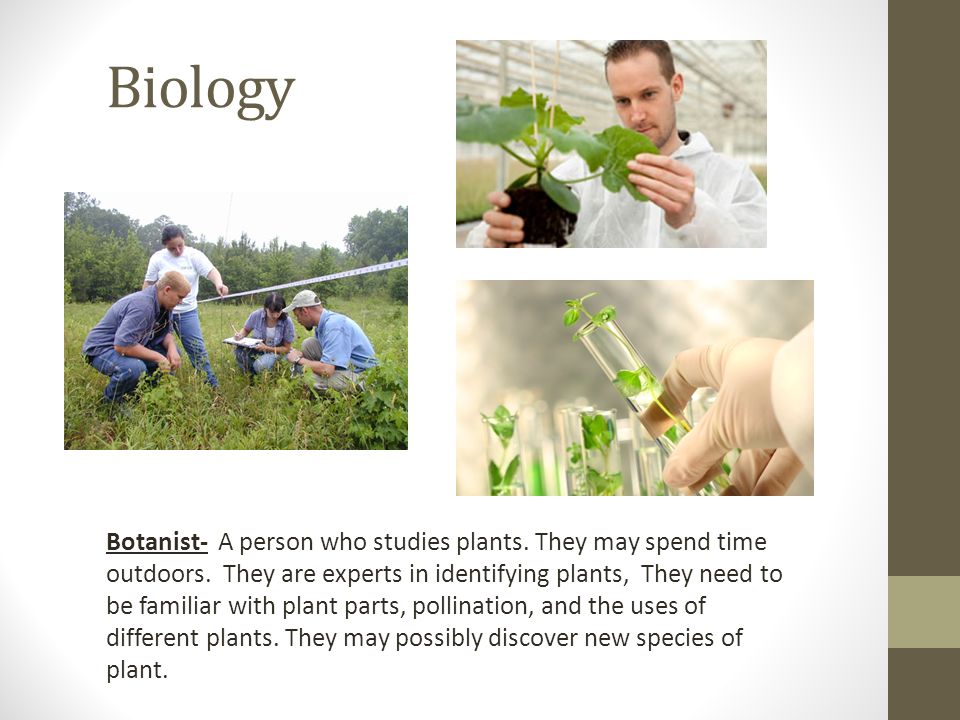Biology Botanist- A person who studies plants. They may spend time outdoors.