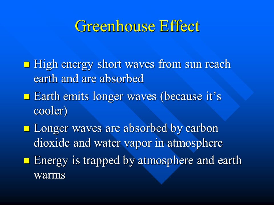 Greenhouse Effect n High energy short waves from sun reach earth and are absorbed n Earth emits longer waves (because it’s cooler) n Longer waves are absorbed by carbon dioxide and water vapor in atmosphere n Energy is trapped by atmosphere and earth warms