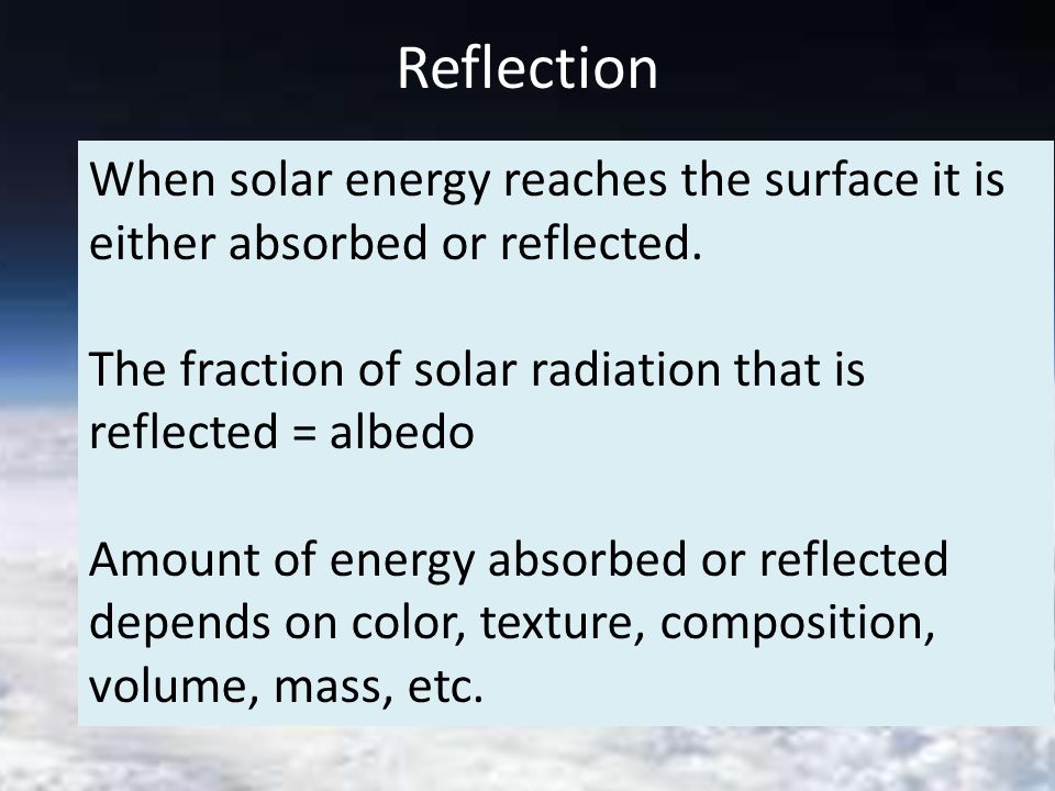 Reflection When solar energy reaches the surface it is either absorbed or reflected.