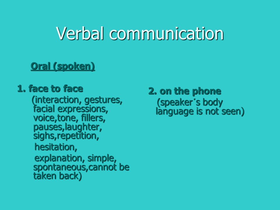 Verbal communication Oral (spoken) Oral (spoken) 1.