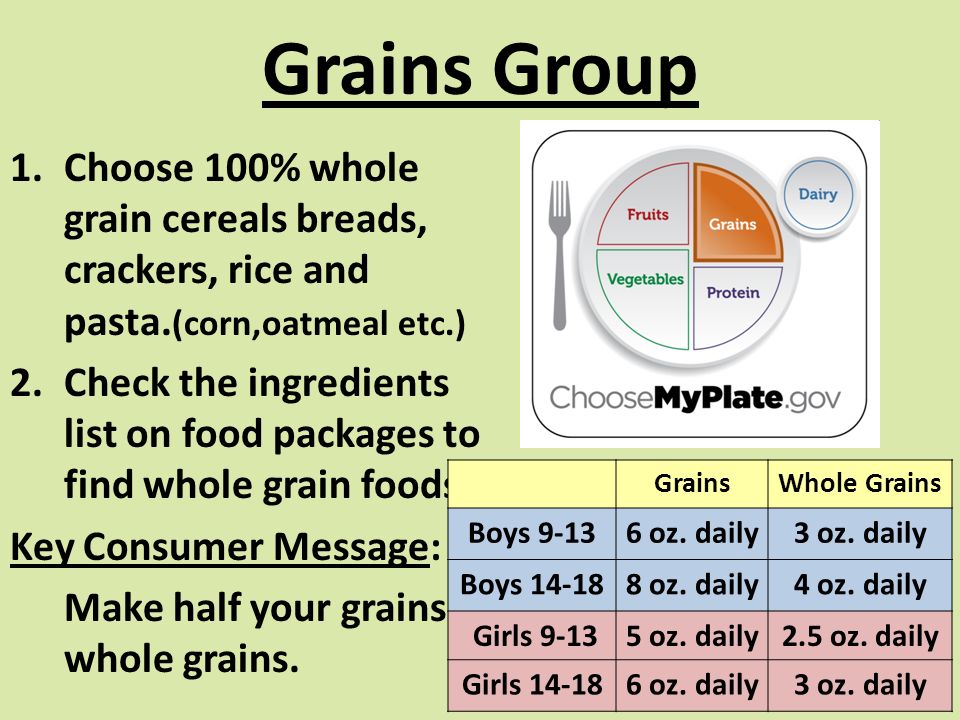 Grains Group 1.Choose 100% whole grain cereals breads, crackers, rice and pasta.