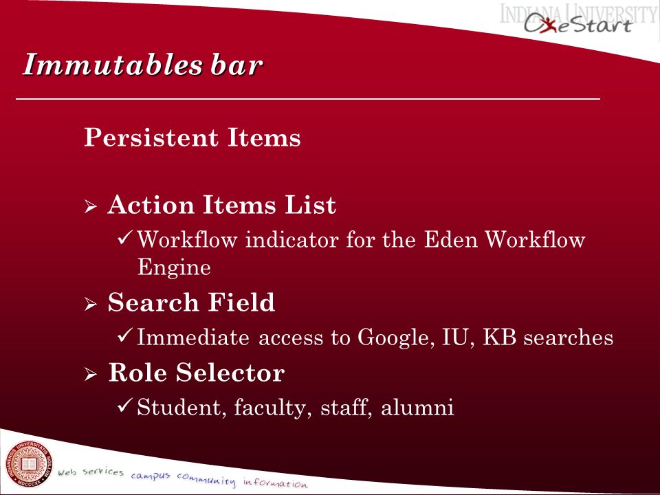Immutables bar Persistent Items  Action Items List Workflow indicator for the Eden Workflow Engine  Search Field Immediate access to Google, IU, KB searches  Role Selector Student, faculty, staff, alumni