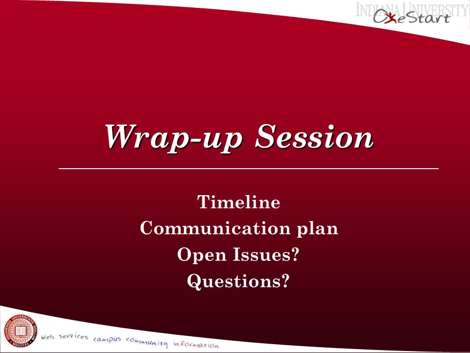 Wrap-up Session Timeline Communication plan Open Issues Questions