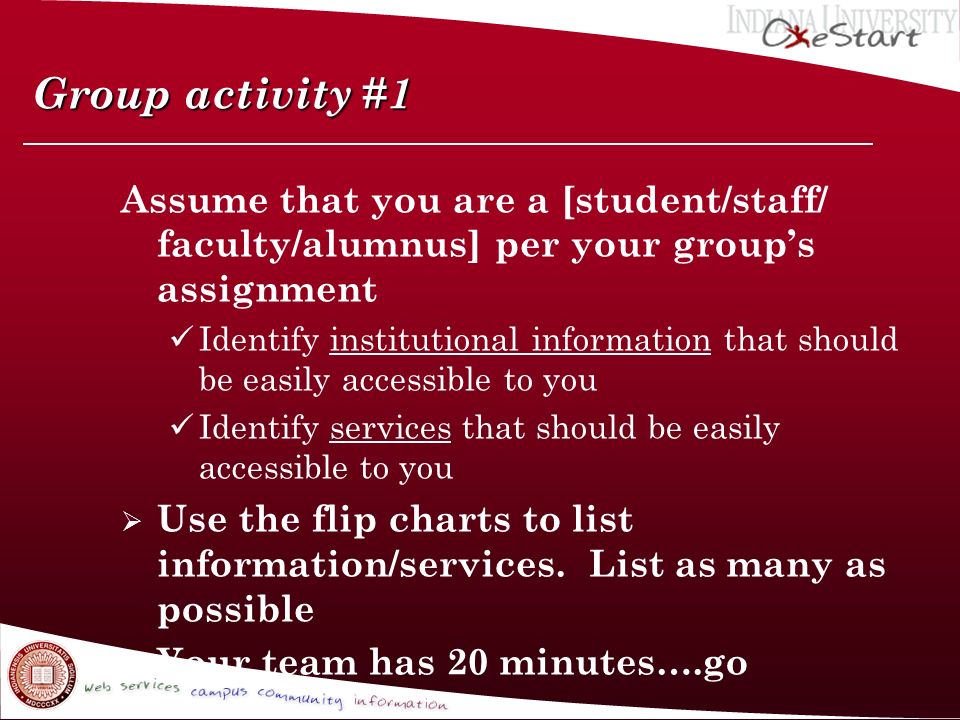 Group activity #1 Assume that you are a [student/staff/ faculty/alumnus] per your group’s assignment Identify institutional information that should be easily accessible to you Identify services that should be easily accessible to you  Use the flip charts to list information/services.
