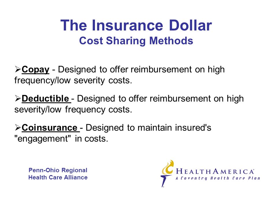 The Insurance Dollar Cost Sharing Methods  Copay - Designed to offer reimbursement on high frequency/low severity costs.