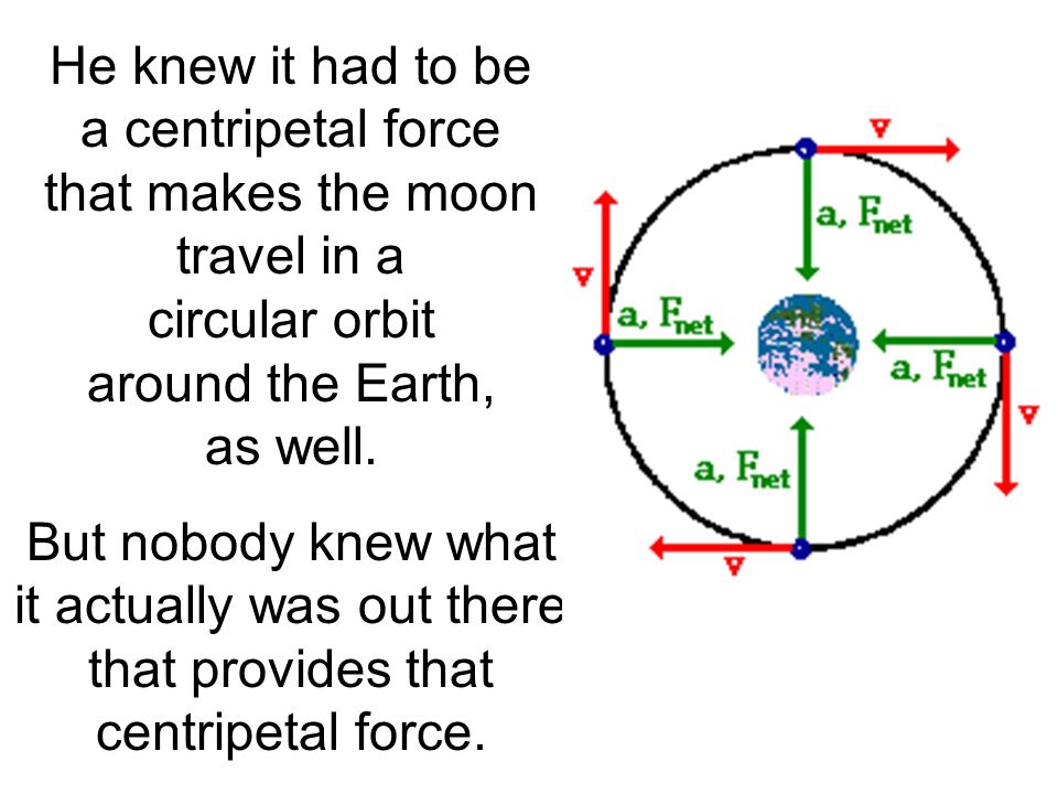 He knew it had to be a centripetal force that makes the moon travel in a circular orbit around the Earth, as well.