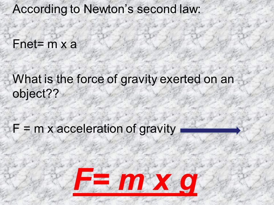 According to Newton’s second law: Fnet= m x a What is the force of gravity exerted on an object .
