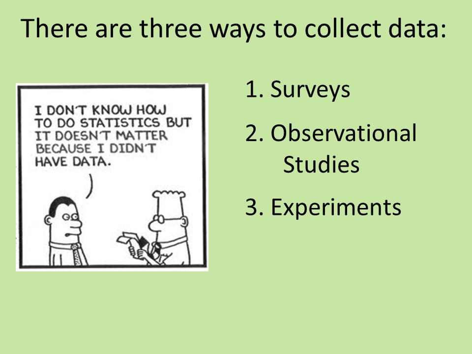 There are three ways to collect data: 1. Surveys 2. Observational Studies 3. Experiments