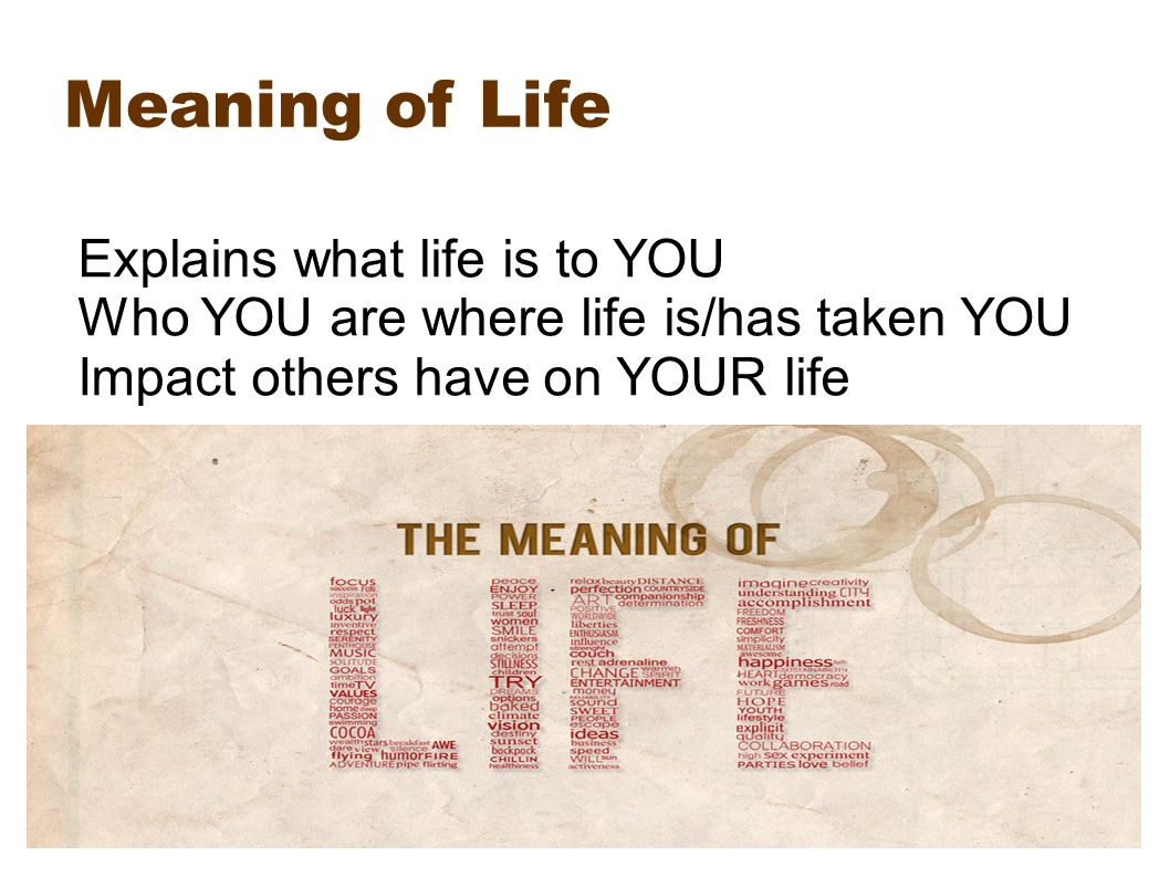 Meaning of Life Explains what life is to YOU Who YOU are where life is/has taken YOU Impact others have on YOUR life