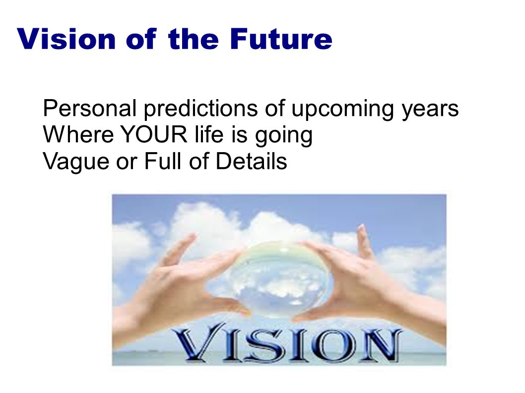 Vision of the Future Personal predictions of upcoming years Where YOUR life is going Vague or Full of Details