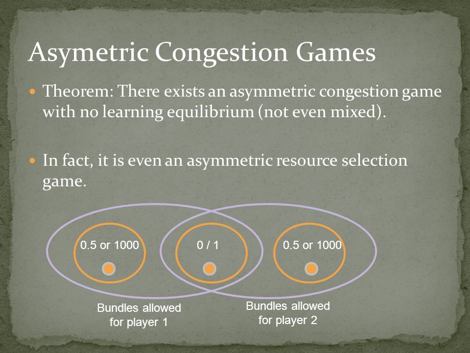 Theorem: There exists an asymmetric congestion game with no learning equilibrium (not even mixed).