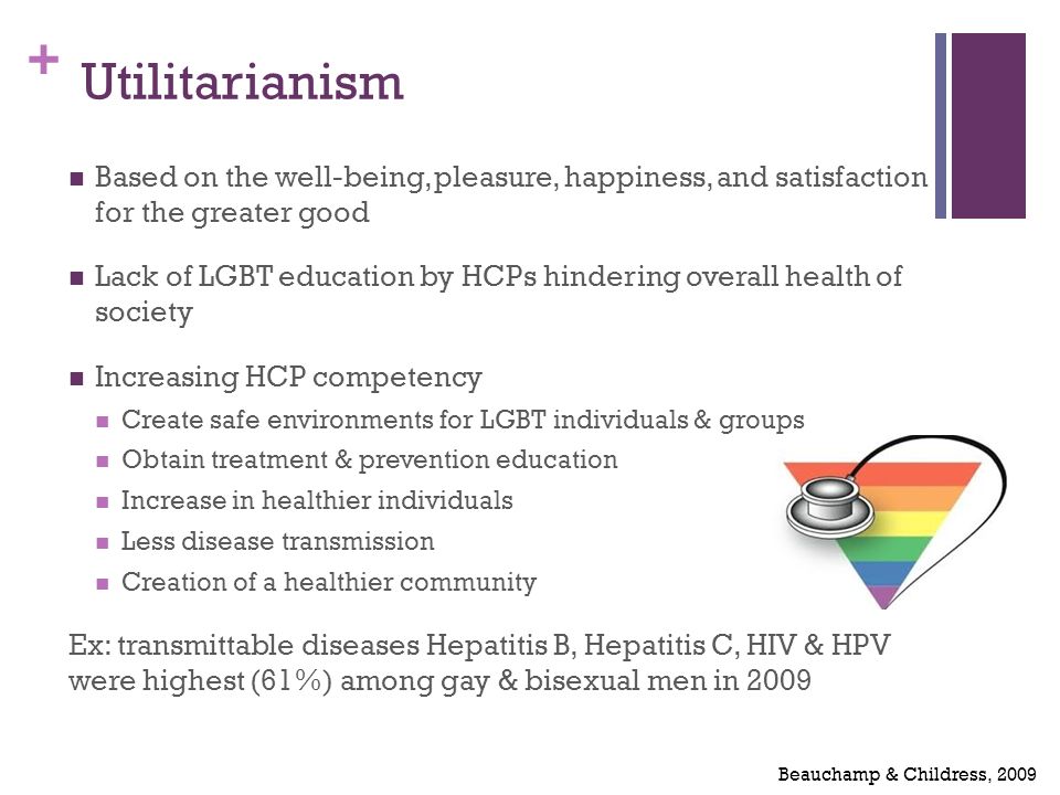 + Utilitarianism Based on the well-being, pleasure, happiness, and satisfaction for the greater good Lack of LGBT education by HCPs hindering overall health of society Increasing HCP competency Create safe environments for LGBT individuals & groups Obtain treatment & prevention education Increase in healthier individuals Less disease transmission Creation of a healthier community Ex: transmittable diseases Hepatitis B, Hepatitis C, HIV & HPV were highest (61%) among gay & bisexual men in 2009 Beauchamp & Childress, 2009
