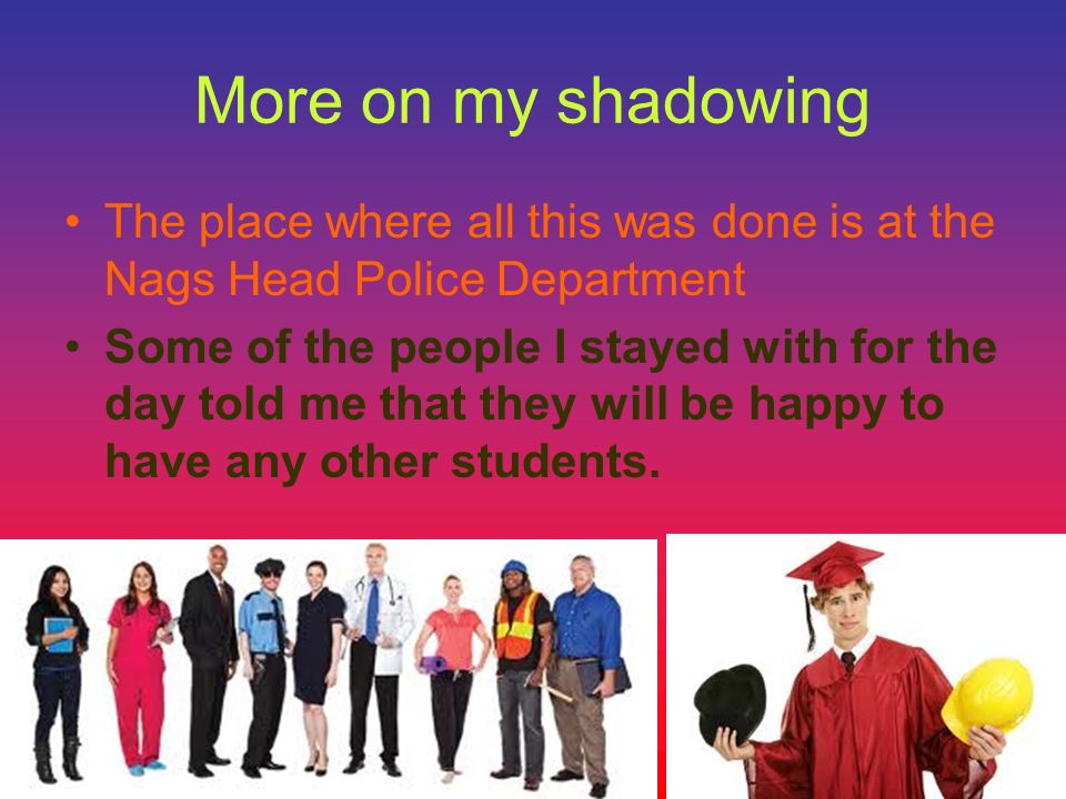 More on my shadowing The place where all this was done is at the Nags Head Police Department Some of the people I stayed with for the day told me that they will be happy to have any other students.