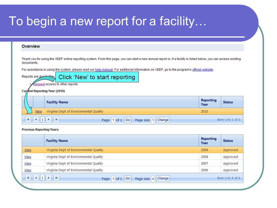 To begin a new report for a facility… Click ‘New’ to start reporting