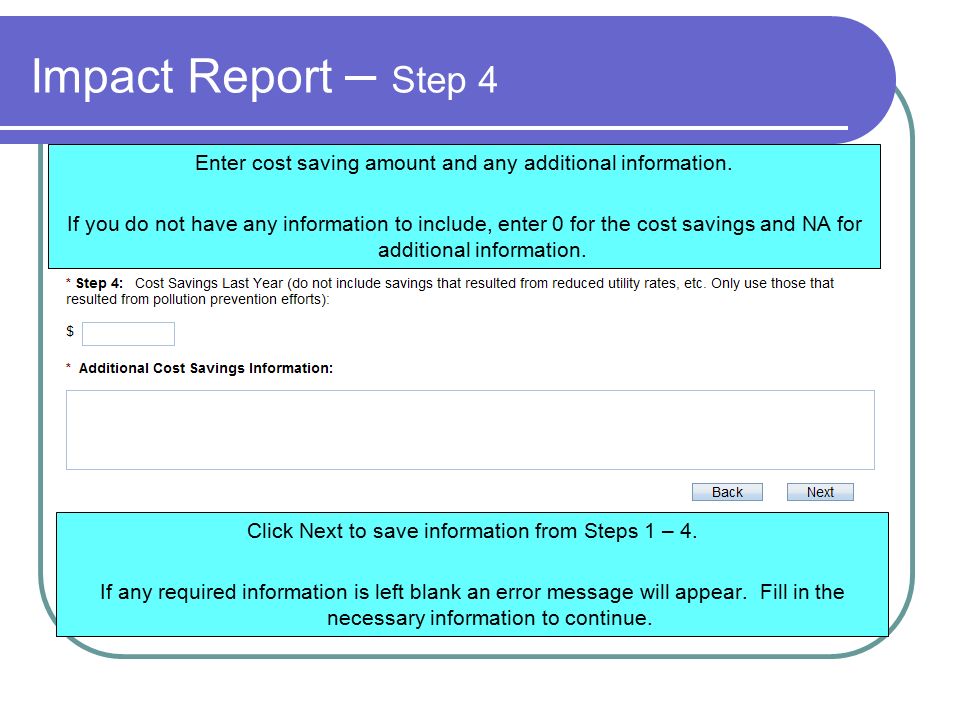 Impact Report – Step 4 Enter cost saving amount and any additional information.