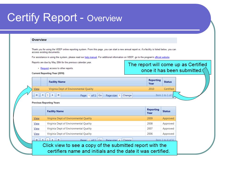 Certify Report - Overview Click view to see a copy of the submitted report with the certifiers name and initials and the date it was certified.