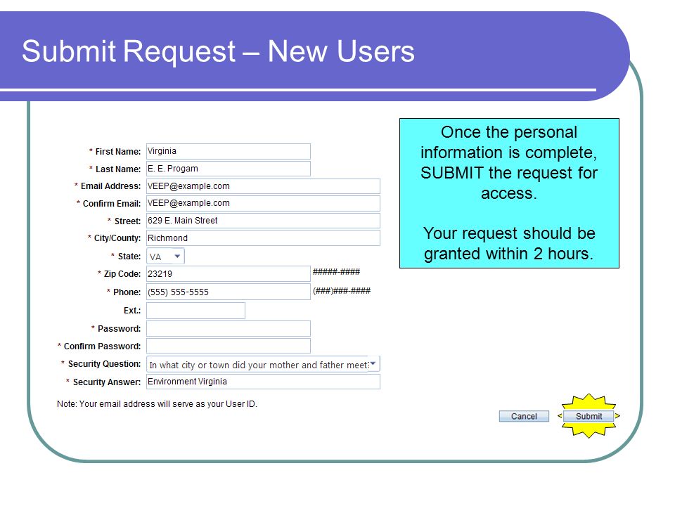 Submit Request – New Users Once the personal information is complete, SUBMIT the request for access.
