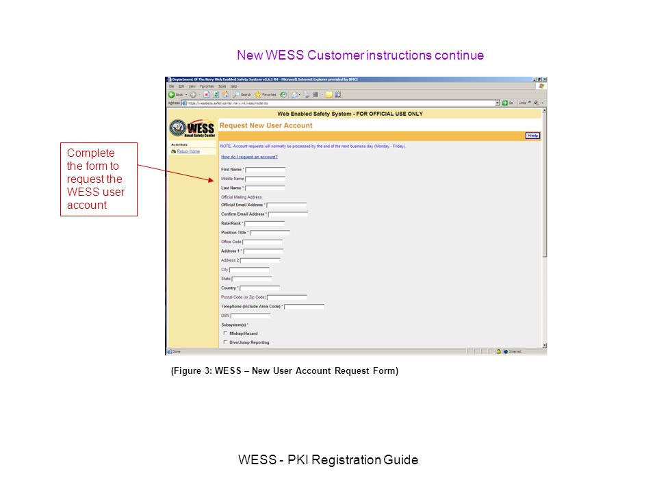 WESS - PKI Registration Guide New WESS Customer instructions continue Complete the form to request the WESS user account (Figure 3: WESS – New User Account Request Form)