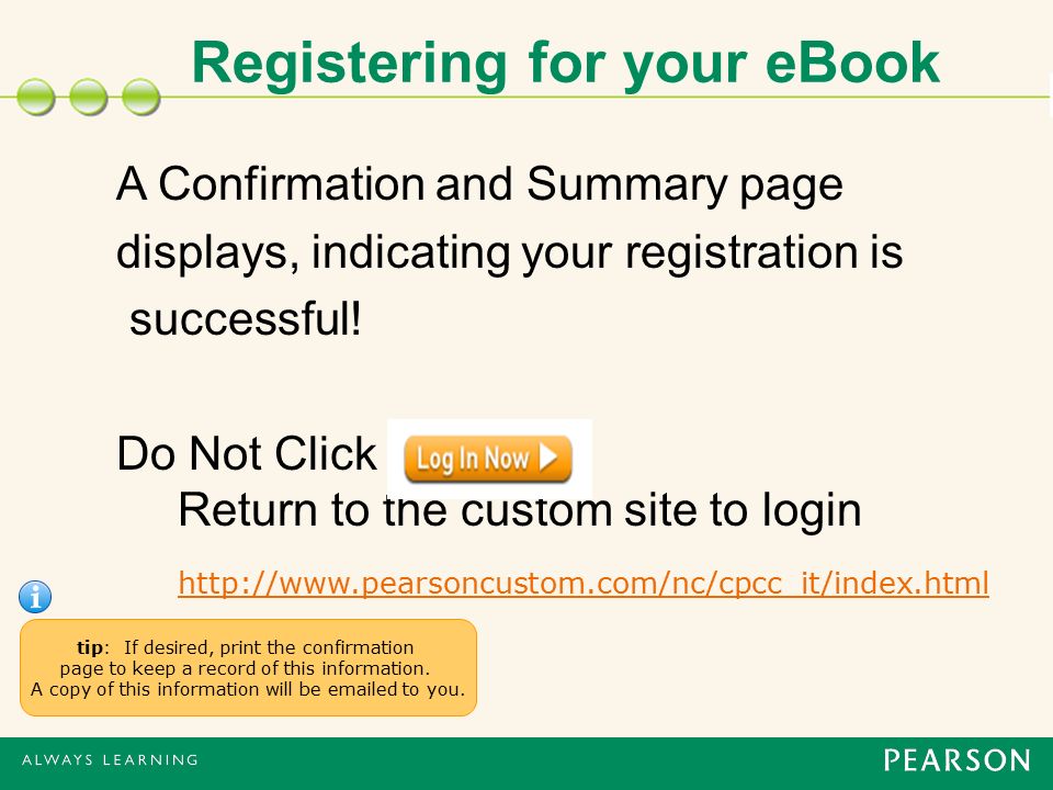 Registering for your eBook A Confirmation and Summary page displays, indicating your registration is successful.