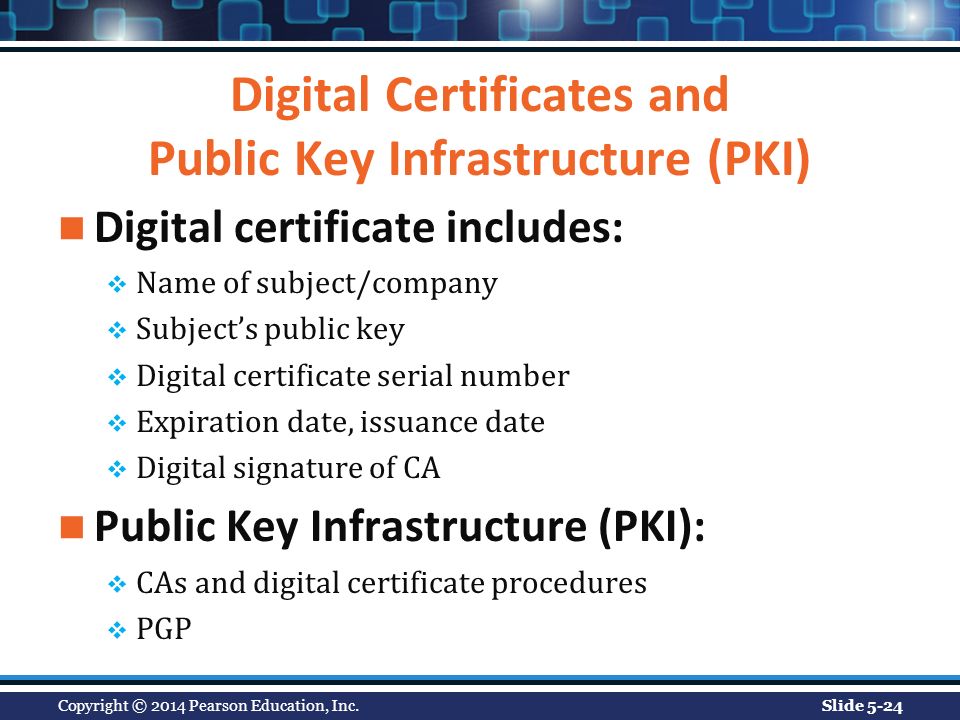 Digital Certificates and Public Key Infrastructure (PKI) Digital certificate includes:  Name of subject/company  Subject’s public key  Digital certificate serial number  Expiration date, issuance date  Digital signature of CA Public Key Infrastructure (PKI):  CAs and digital certificate procedures  PGP Copyright © 2014 Pearson Education, Inc.Slide 5-24