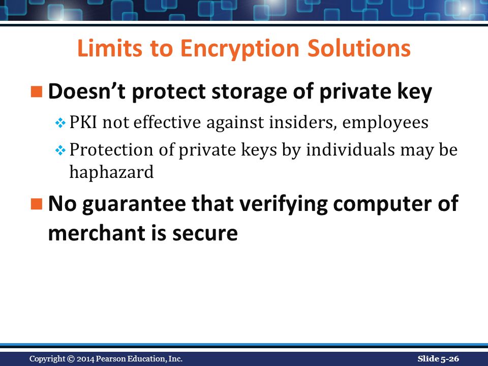 Limits to Encryption Solutions Doesn’t protect storage of private key  PKI not effective against insiders, employees  Protection of private keys by individuals may be haphazard No guarantee that verifying computer of merchant is secure Copyright © 2014 Pearson Education, Inc.Slide 5-26