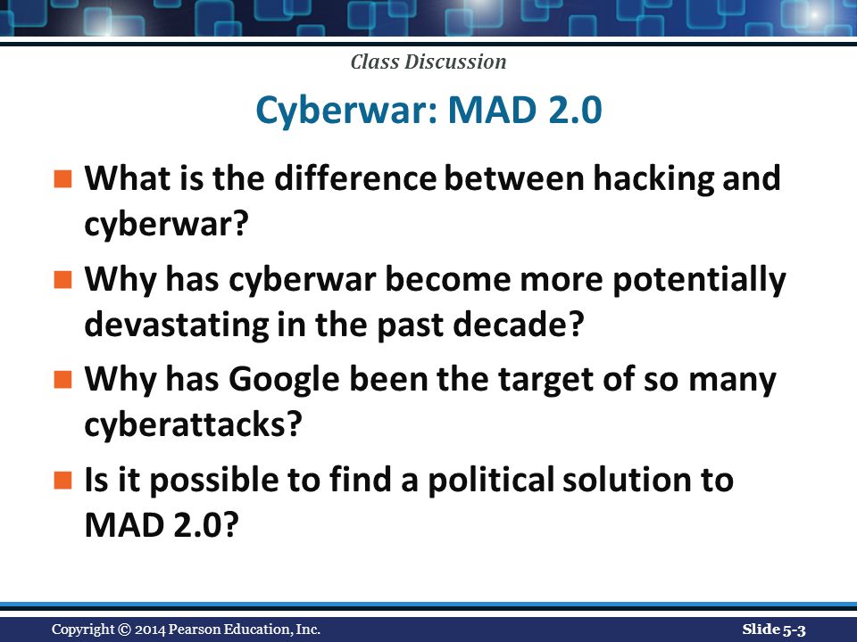 Class Discussion Cyberwar: MAD 2.0 What is the difference between hacking and cyberwar.