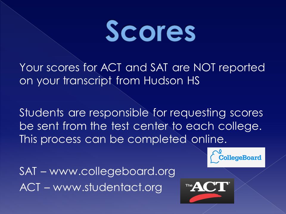Your scores for ACT and SAT are NOT reported on your transcript from Hudson HS Students are responsible for requesting scores be sent from the test center to each college.