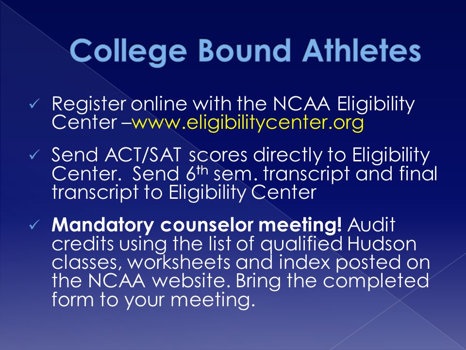 Register online with the NCAA Eligibility Center –  Send ACT/SAT scores directly to Eligibility Center.
